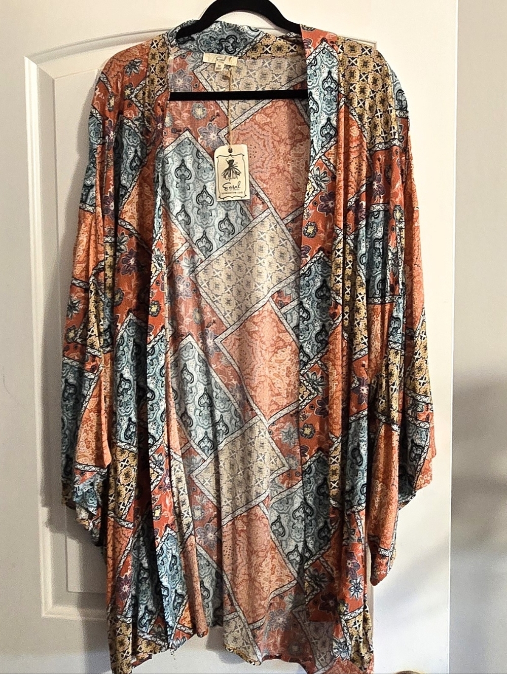 Easel Mixed Boho Print Kimono Rayon Aqua Orange Gorgeous Size 1X - Picture 2 of 5